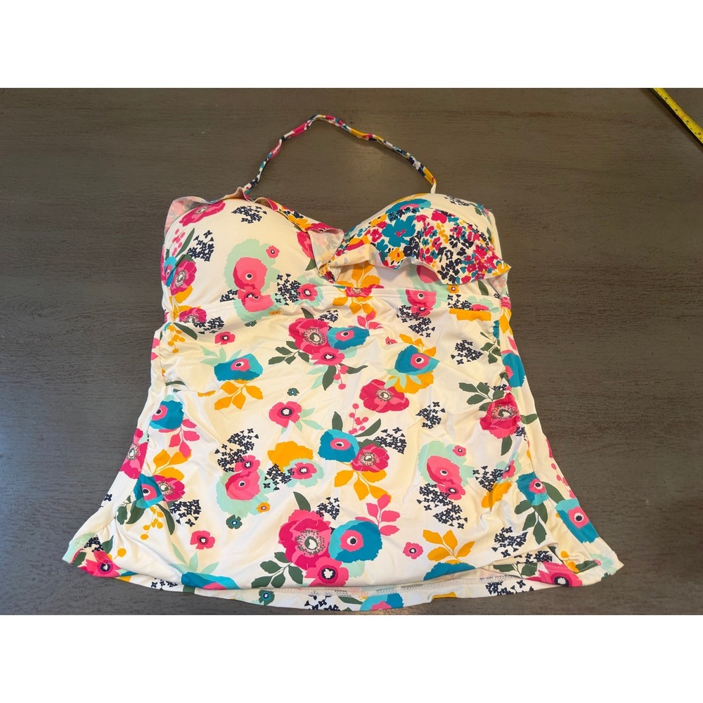 Liz Claiborne Floral Tankini Swim Top XL White Pink Teal Halter Ruffle Padded
